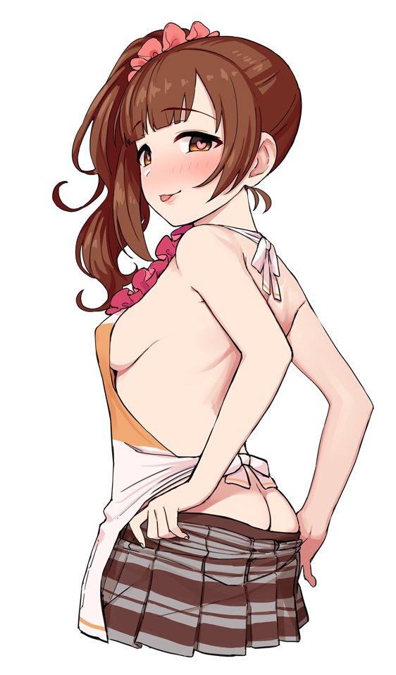 1girl :p apron ass bare_arms bare_back bare_shoulders blush breasts brown_eyes brown_hair brown_skirt butt_crack eyebrows_visible_through_hair from_behind hair_ornament hair_scrunchie heart heart-shaped_pupils idolmaster idolmaster_cinderella_girls igarashi_kyouko looking_at_viewer looking_back naked_apron no_panties omaru_gyuunyuu orange_apron pleated_skirt red_scrunchie scrunchie side_ponytail sideboob simple_background skirt solo symbol-shaped_pupils tongue tongue_out undressing white_apron white_background