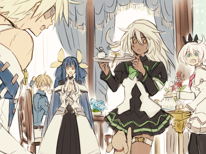 blonde_hair blue_eyes blue_hair blush commentary_request dark_skin dizzy dog elphelt_valentine eyepatch father_and_son glasses guilty_gear jewelry ky_kiske long_hair maka_(morphine) mother_and_son necklace orange_eyes ponytail ramlethal_valentine school_uniform short_hair siblings sin_kiske sisters spoilers tea tray white_hair