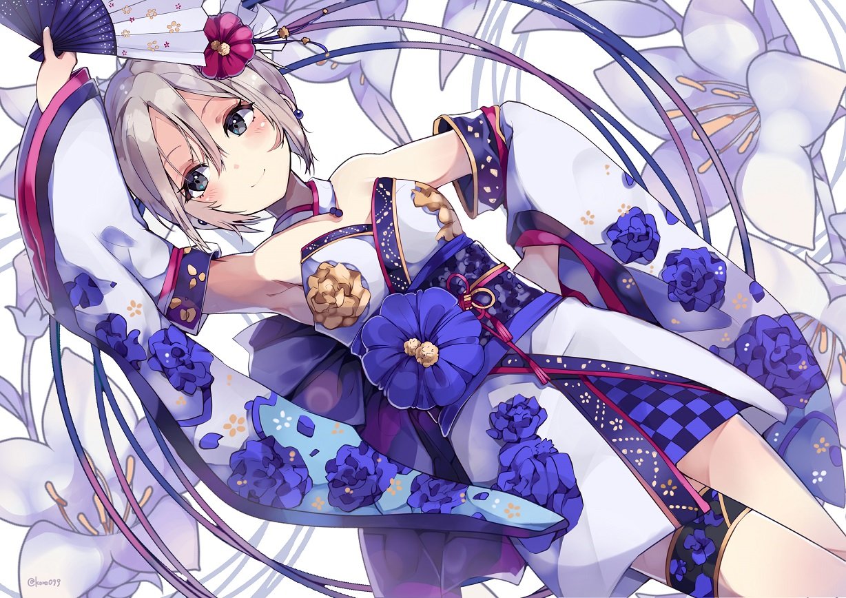 1girl arm_up armpits arms_up bangs bare_shoulders blush breasts choker closed_mouth cowboy_shot detached_sleeves earrings fan floral_background floral_print flower folding_fan grey_eyes grey_hair hair_between_eyes hair_ornament hanakanzarashi hand_on_hip holding holding_fan idolmaster idolmaster_cinderella_girls idolmaster_cinderella_girls_starlight_stage japanese_clothes jewelry kimono long_sleeves looking_away medium_breasts obi sash shiomi_shuuko short_hair smile solo strapless thigh_strap wide_sleeves