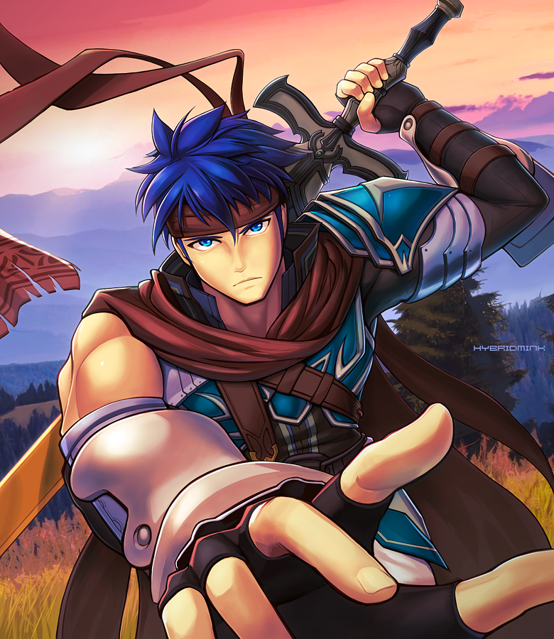 1boy armor blue_eyes blue_hair cape fire_emblem fire_emblem:_akatsuki_no_megami fire_emblem:_souen_no_kiseki gloves headband hybridmink ike looking_at_viewer male_focus ragnell short_hair solo sword weapon