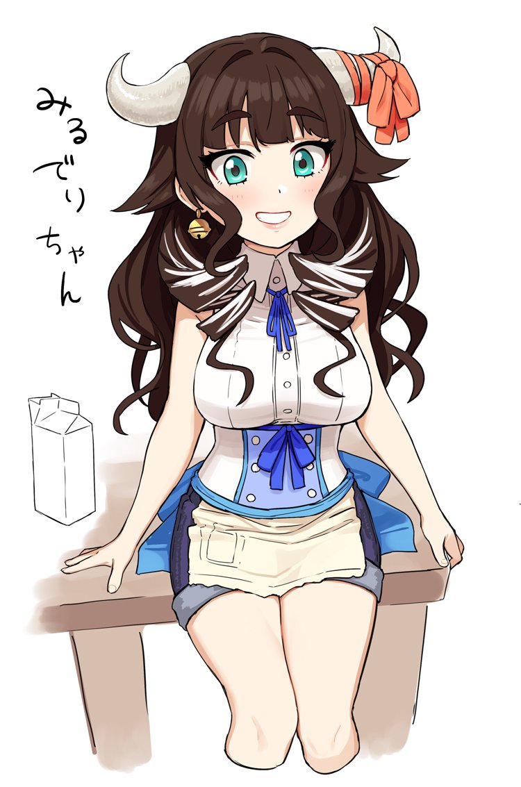 1girl aqua_eyes blue_bow blue_neckwear blue_ribbon blue_shorts bow breasts collared_shirt copyright_request cow_horns grin horns large_breasts looking_at_viewer milk_carton neck_ribbon omaru_gyuunyuu red_ribbon ribbon shirt short_shorts shorts smile solo table white_background white_shirt