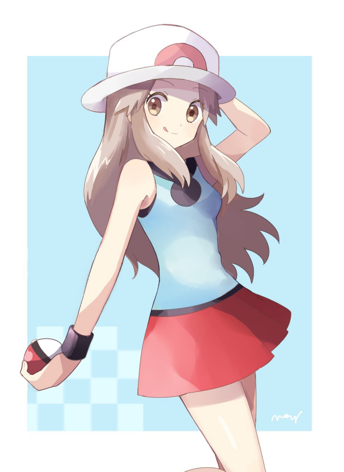 1girl :q arm_up artist_name bare_shoulders blue_(pokemon) blue_background blue_shirt breasts brown_eyes brown_hair checkered closed_mouth commentary english_commentary eyebrows_visible_through_hair floating_hair hand_on_headwear hat holding holding_poke_ball long_hair looking_at_viewer mei_(maysroom) miniskirt poke_ball poke_ball_(generic) pokemon pokemon_(game) pokemon_frlg red_skirt shirt sidelocks signature skirt sleeveless sleeveless_shirt small_breasts smile solo standing tongue tongue_out white_hat wristband