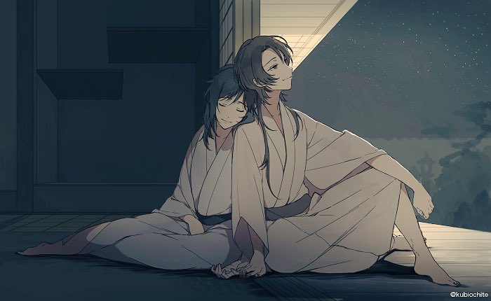 2boys blue_hair brown_hair dalc_rose hair_down head_on_shoulder japanese_clothes kashuu_kiyomitsu kimono male_focus multiple_boys night night_sky red_eyes sky touken_ranbu twitter_username yamato-no-kami_yasusada