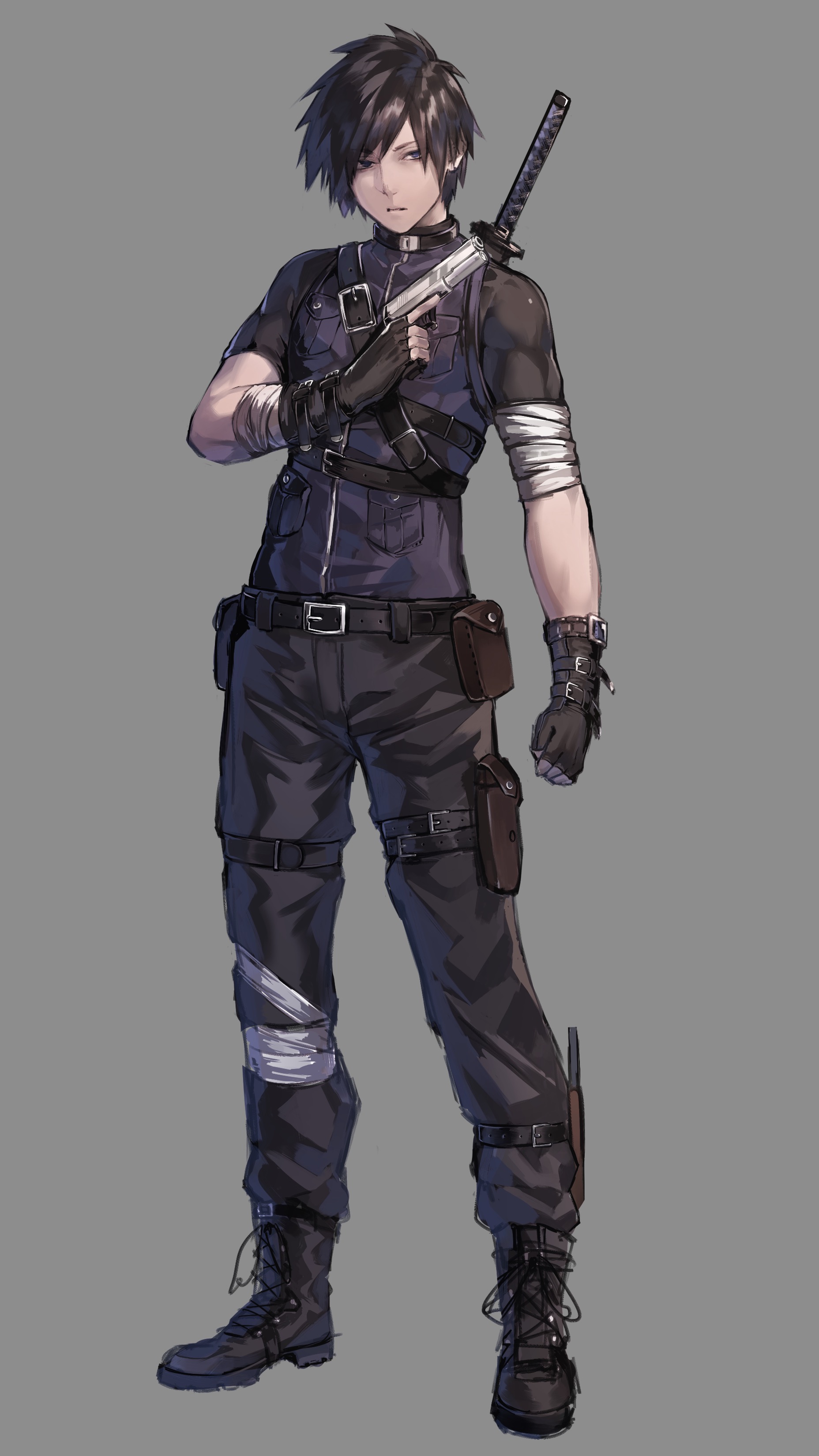 Safebooru 1boy Absurdres Belt Black Hair Deluxe Fingerless Gloves Full Body Gloves Grey Background Gun Handgun Highres Holding Holding Gun Holding Weapon Katana Male Focus Original Pistol Pouch Solo Sword Trigger Safebooru 1boy Absurdres Belt Black Hair Deluxe Fingerless Gloves Full Body Gloves Grey Background Gun Handgun Highres Holding Holding Gun Holding Weapon Katana Male Focus Original Pistol Pouch Solo Sword Trigger