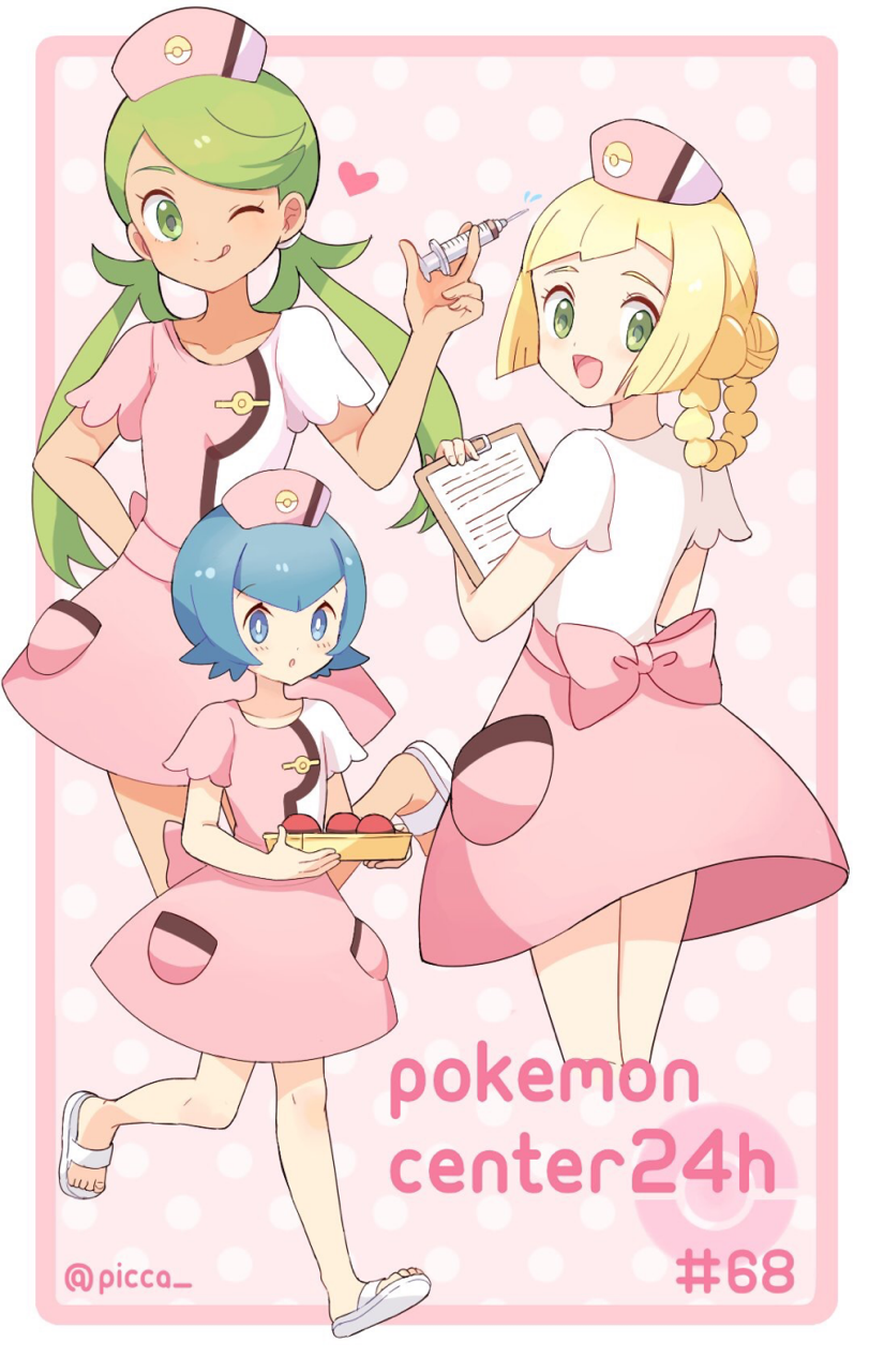 3girls :d :o ;q alternate_costume alternate_hairstyle arm_behind_back arm_up bangs blonde_hair blue_eyes blue_hair blush braid clipboard collarbone commentary dark_skin dress english_commentary eyebrows_visible_through_hair fingernails from_behind full_body green_eyes green_hair hair_bun hair_tie hat heart highres holding holding_clipboard holding_syringe holding_tray leg_up lillie_(pokemon) liquid long_hair looking_at_viewer looking_back low_twintails mallow_(pokemon) mei_(maysroom) multiple_girls number nurse nurse_cap one_eye_closed open_mouth pink_background pink_dress pink_hat pocket poke_ball pokemon pokemon_(anime) pokemon_(game) pokemon_sm pokemon_sm_(anime) polka_dot polka_dot_background sandals short_dress short_hair short_sleeves sidelocks single_braid smile standing suiren_(pokemon) syringe tongue tongue_out tray twintails twitter_username uniform walking white_footwear