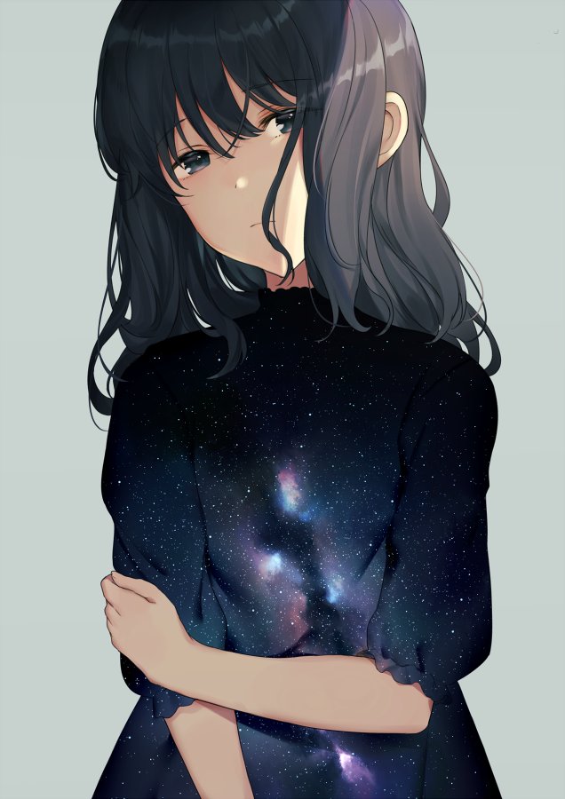 1girl achiki blouse brown_eyes brown_hair grey_background hand_on_own_arm looking_at_viewer medium_hair original simple_background sky solo space_print star_(sky) starry_sky starry_sky_print