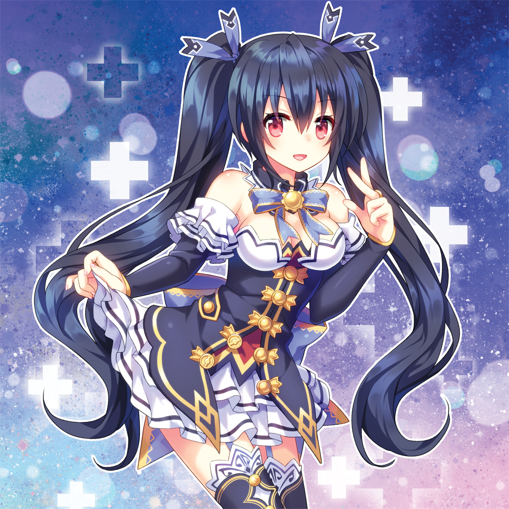 1girl :d bare_shoulders black_hair breasts choker cleavage detached_collar detached_sleeves frilled_skirt frills garter_straps hair_between_eyes hair_ribbon leaning_forward long_hair looking_at_viewer medium_breasts narinn neptune_(series) noire open_mouth red_eyes ribbon ribbon-trimmed_skirt ribbon_choker ribbon_trim skirt skirt_hold smile solo thigh-highs twintails very_long_hair white_skirt