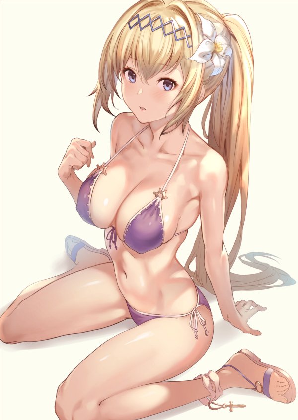 1girl arm_support bikini blonde_hair blue_eyes breasts collarbone commentary_request eyebrows_visible_through_hair flower front-tie_bikini front-tie_top granblue_fantasy grey_background hair_flower hair_ornament hairband halterneck hand_up jeanne_d'arc_(granblue_fantasy) large_breasts long_hair looking_at_viewer navel parted_lips ponytail purple_bikini revision sandals side-tie_bikini simple_background sitting sola_(solo0730) solo swimsuit very_long_hair wariza
