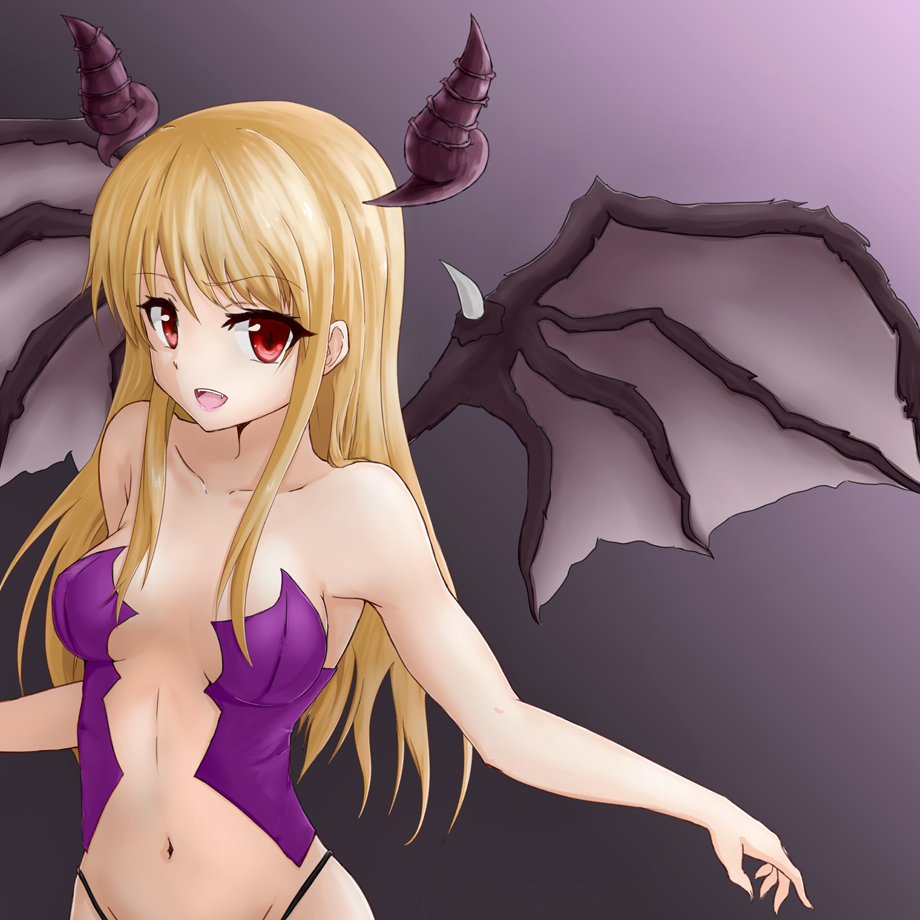 1girl blonde_hair breasts demon_girl demon_wings fmg horns long_hair medium_breasts navel original red_eyes solo succubus wings