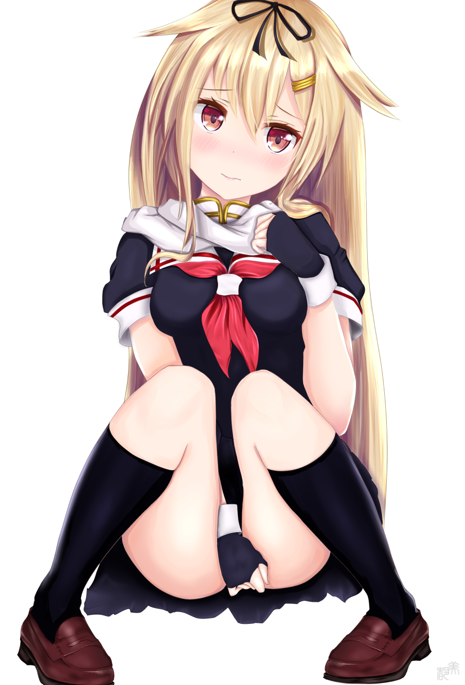 1girl ass bangs black_gloves black_legwear black_ribbon black_serafuku blonde_hair blush breasts brown_footwear clenched_hands closed_mouth covering covering_crotch fingerless_gloves gloves hair_between_eyes hair_flaps hair_ornament hair_ribbon hairclip hand)between_legs head_tilt highres kantai_collection kneehighs loafers long_hair looking_at_viewer medium_breasts mito_ichijyo neckerchief pleated_skirt red_eyes red_neckwear remodel_(kantai_collection) ribbon scarf school_uniform serafuku shoes short-sleeves sidelocks signature simple_background sitting skindentation skirt smile solo thighs white_background yuudachi_(azur_lane) yuudachi_(kantai_collection)