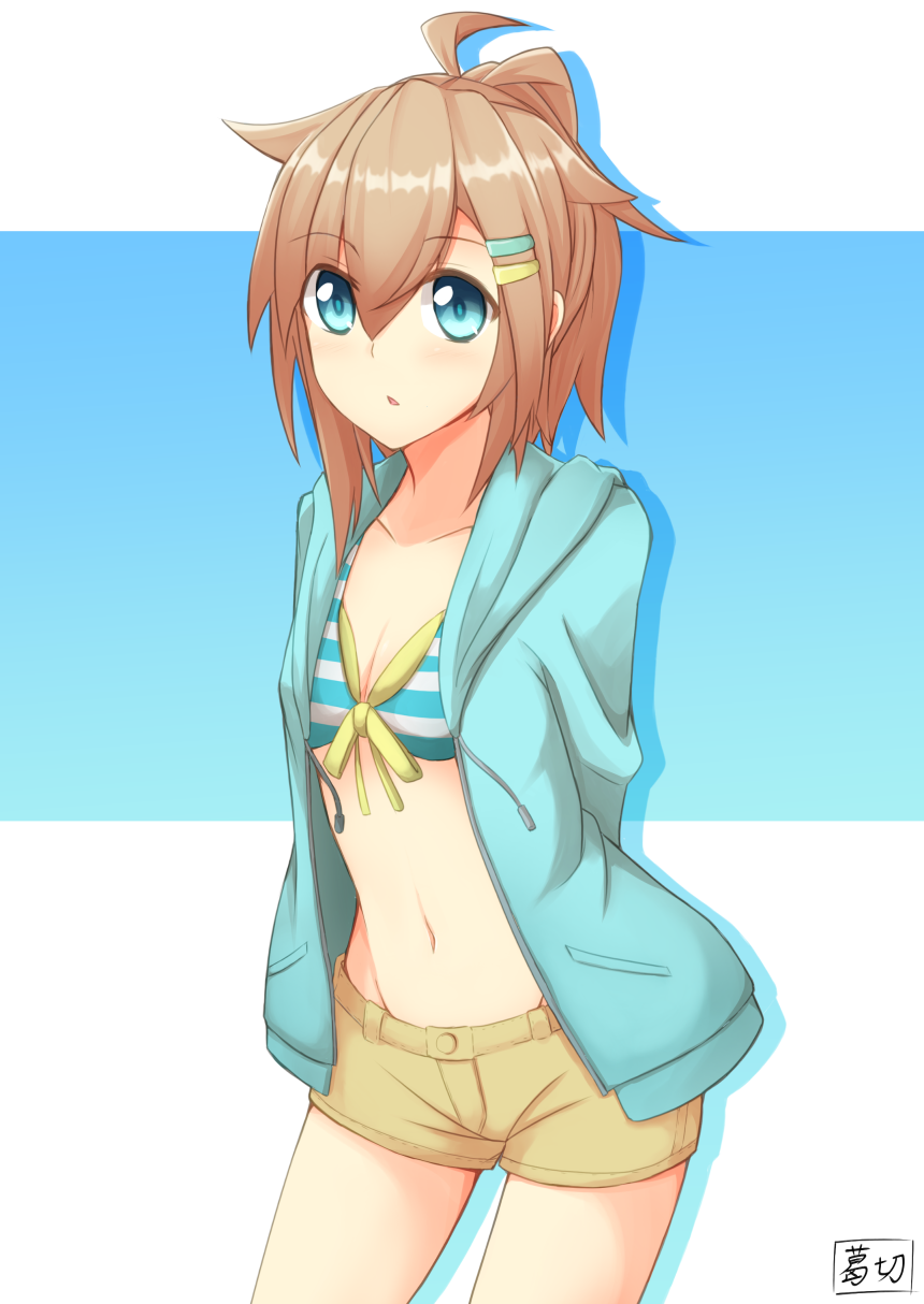 1girl arms_behind_back bikini blue_eyes blue_jacket breasts brown_shorts collarbone commentary_request eyebrows_visible_through_hair front-tie_bikini front-tie_top hair_between_eyes hair_ornament hairclip highres hood hoodie horizontal_stripes jacket kuzukiri_(riezenagel) light_brown_hair navel open_clothes open_hoodie original short_hair short_shorts shorts small_breasts solo standing striped striped_bikini swimsuit