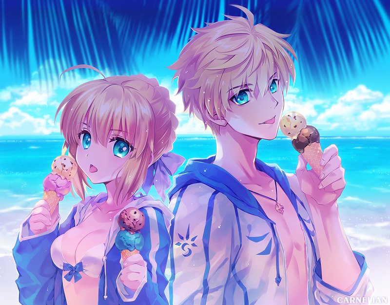 1boy 1girl ahoge arthur_pendragon_(fate) artoria_pendragon_(all) artoria_pendragon_(swimsuit_archer) bikini blonde_hair blue_eyes blush breasts carnelian day eating fate/grand_order fate/stay_night fate_(series) food green_eyes holding ice_cream ice_cream_cone looking_at_viewer open_mouth saber short_hair swimsuit tongue tongue_out white_bikini