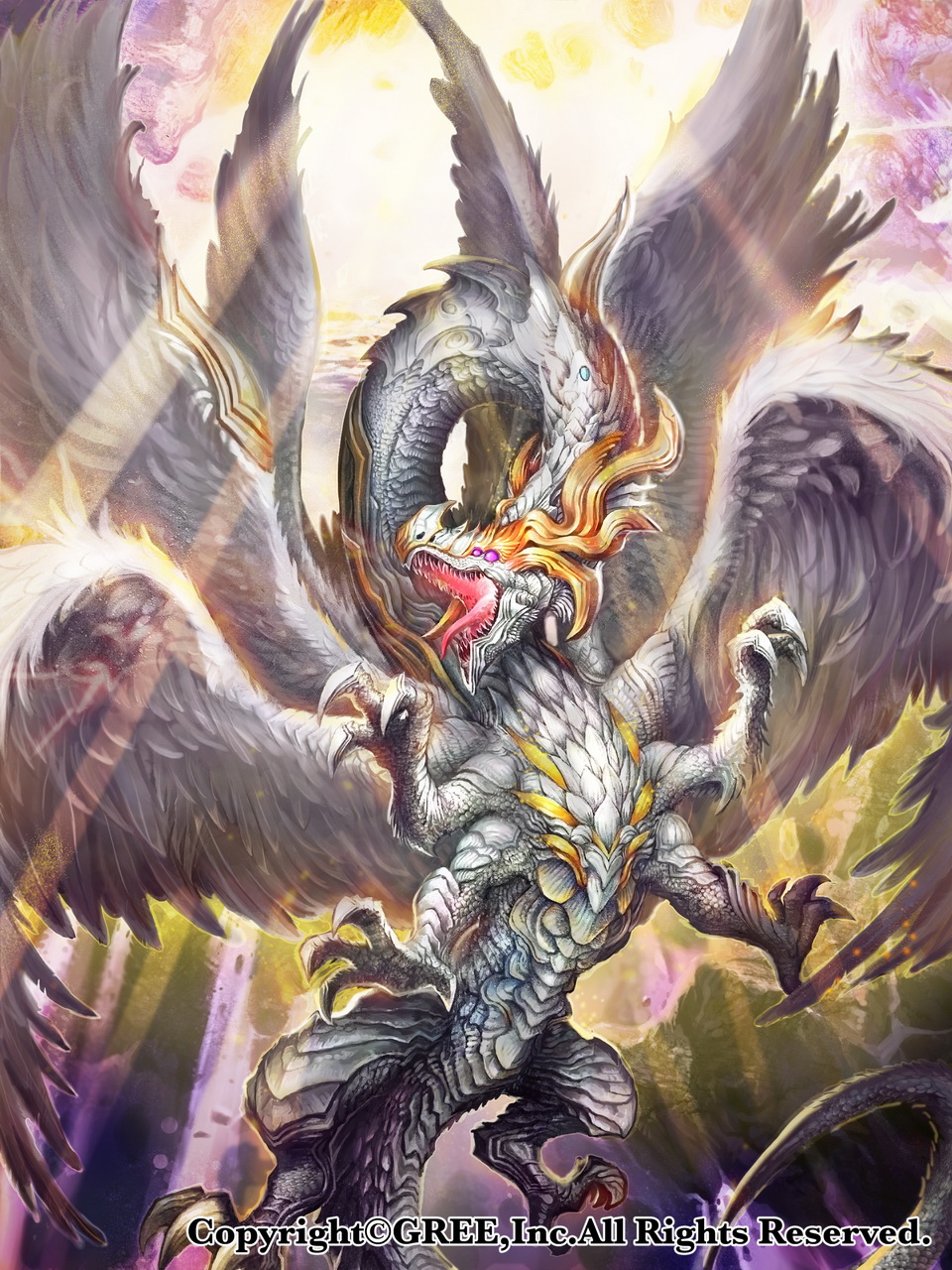 commentary_request dragon highres light_rays monster multiple_wings no_humans official_art open_mouth outdoors seisen_cerberus spread_wings watermark wings z.dk