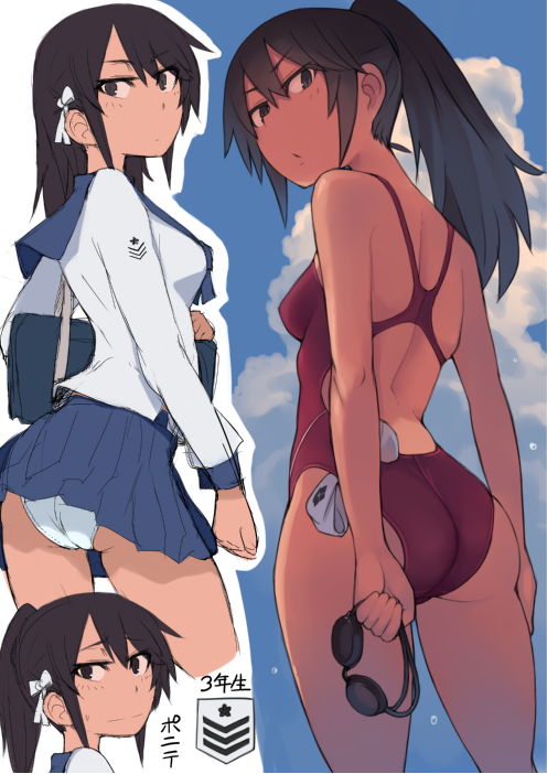 1girl ass badge bag black_eyes black_hair blue_sailor_collar blue_skirt competition_swimsuit cowboy_shot dark_skin headgear_removed holding_goggles looking_at_viewer lvi multiple_views one-piece_swimsuit original panties pantyshot pleated_skirt ponytail red_swimsuit ribbon sailor_collar school_bag school_uniform skirt swim_cap swimsuit underwear white_panties white_ribbon