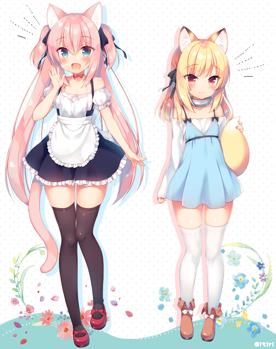 2girls :d animal_ears black_legwear black_ribbon blonde_hair blue_eyes boots cat_ears commentary eyebrows_visible_through_hair fox_ears fox_tail frills hair_between_eyes hair_ribbon long_hair looking_at_viewer medium_hair multiple_girls open_mouth original pink_hair red_eyes ribbon sazaki_ichiri shoes simple_background smile tail thigh-highs twintails very_long_hair white_background white_legwear zettai_ryouiki