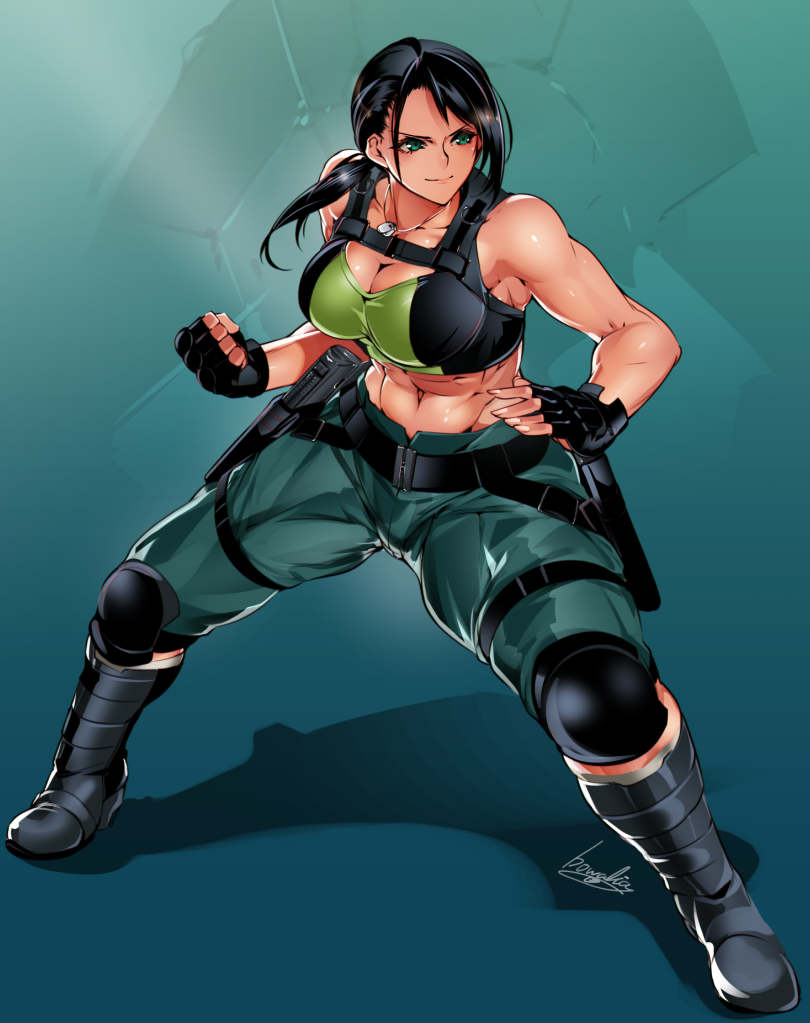 1girl abs artist_name black_gloves black_hair boots bowalia breasts cleavage clenched_hand commentary_request dog_tags fingerless_gloves full_body gloves green_eyes gun idolmaster idolmaster_cinderella_girls knee_pads large_breasts looking_to_the_side midriff muscle muscular_female navel ponytail smile sports_bra weapon yamato_aki