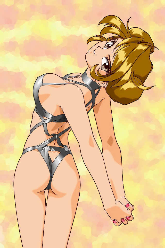 1girl arched_back ass bondage_outfit brown_eyes brown_hair cowboy_shot hands_together harness looking_at_viewer looking_back short_hair solo sonoda_ken'ichi thigh_gap v_arms