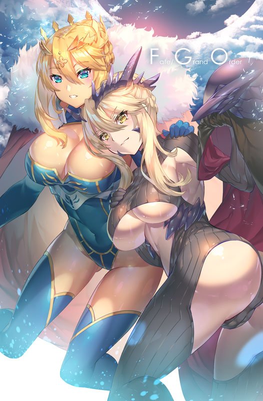 2girls aguy armpits artoria_pendragon_(all) artoria_pendragon_(lancer) artoria_pendragon_(lancer_alter) blonde_hair blue_eyes blue_legwear blush braid breasts cape cleavage cleavage_cutout clouds cloudy_sky crown dark_persona eyebrows_visible_through_hair fate/grand_order fate_(series) french_braid fur-trimmed_cape fur_trim grin hair_between_eyes hand_on_another's_shoulder large_breasts leotard multiple_girls navel red_cape sidelocks sky smile stomach under_boob yellow_eyes