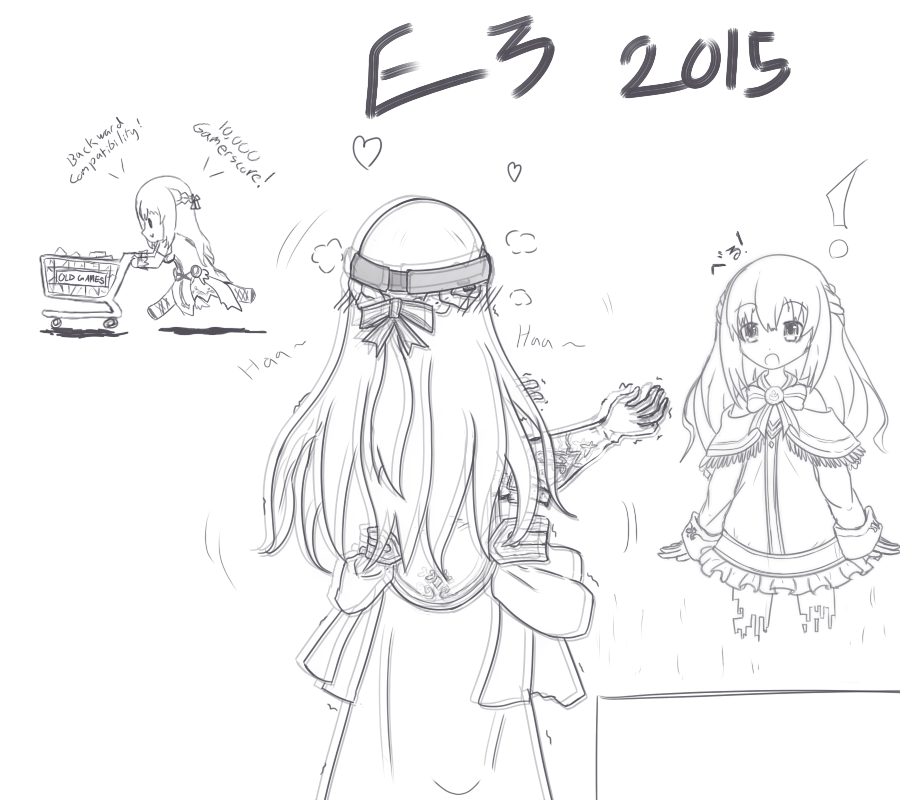 ! 2015 2girls chibi chibi_inset drawfag electronic_entertainment_expo gloves greyscale hair_ornament hologram long_hair monochrome multiple_girls neptune_(series) parody pushcart shaking simple_background surprised tagme trembling vert vert's_sister white_background