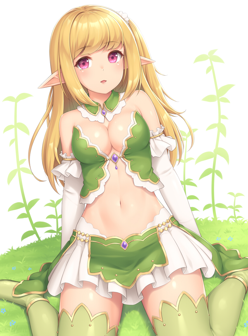 1girl bare_shoulders blonde_hair boots breasts cleavage collarbone detached_collar elbow_gloves elf eyebrows_visible_through_hair gloves green_legwear long_hair looking_at_viewer medium_breasts navel original parted_lips pink_eyes pointy_ears sasaame side_ponytail simple_background sitting skirt smile solo stomach thigh-highs white_background white_gloves