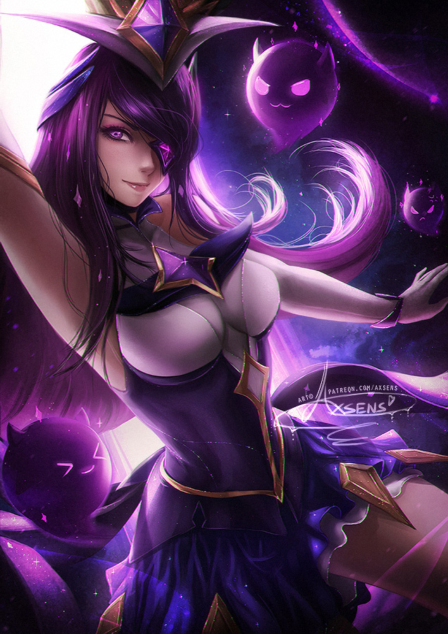 &gt;_&lt; 1girl :3 alexandra_mae arm_up breasts cleavage elbow_gloves eyepatch gloves hair_ornament league_of_legends lips long_hair magical_girl medium_breasts miniskirt purple_hair signature skirt smile solo star_guardian_syndra syndra violet_eyes watermark web_address