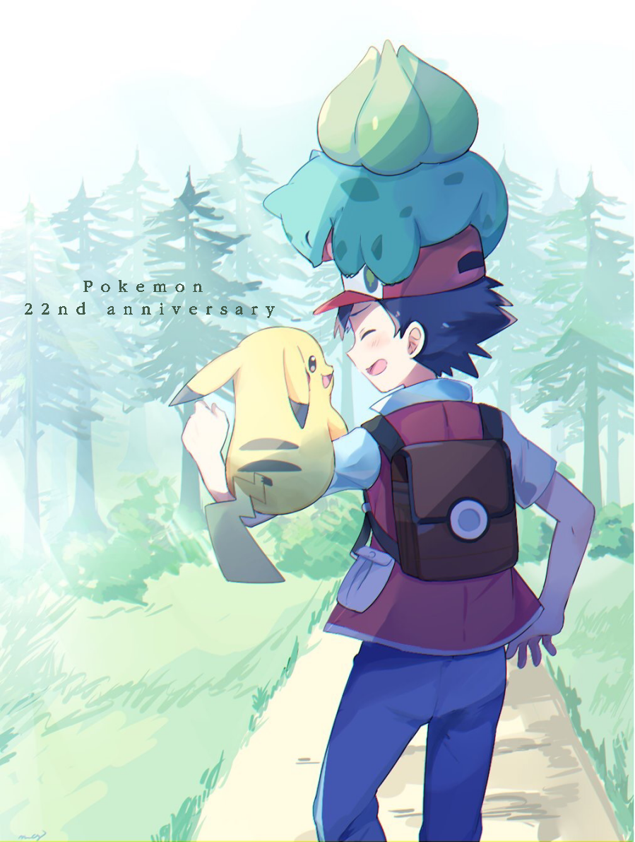 1boy ^_^ anniversary backpack bag baseball_cap black_hair blue_pants bulbasaur bush closed_eyes commentary day english from_behind gen_1_pokemon grass hat high_collar light_rays looking_at_another mei_(maysroom) open_mouth outdoors pants path pikachu pocket pokemon pokemon_(creature) pokemon_(game) pokemon_on_arm pokemon_on_head pokemon_rgby red_(pokemon) red_(pokemon_rgby) red_vest road shade shirt short_sleeves signature smile standing tree vest white_shirt