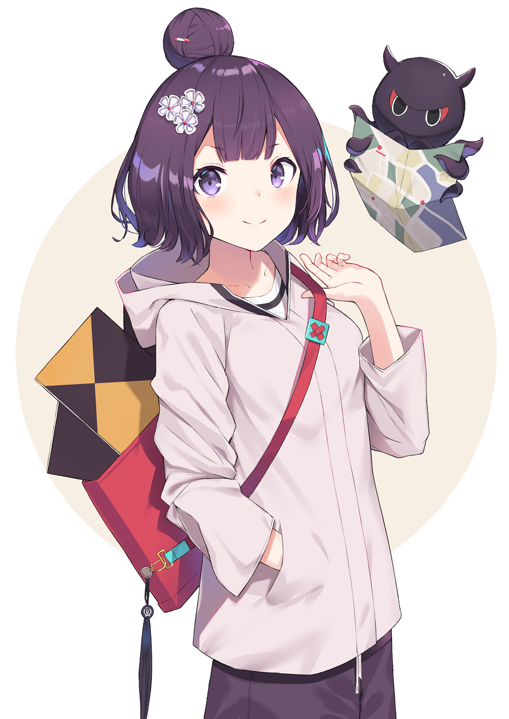 1girl bag bangs blush breasts closed_mouth collarbone cowboy_shot eyebrows_visible_through_hair fate/grand_order fate_(series) fingernails flower hair_bun hair_flower hair_ornament hand_in_pocket highres hood hood_down hoodie katsushika_hokusai_(fate/grand_order) long_sleeves map medium_breasts octopus pocket purple_hair short_hair smile violet_eyes white_flower yukarite