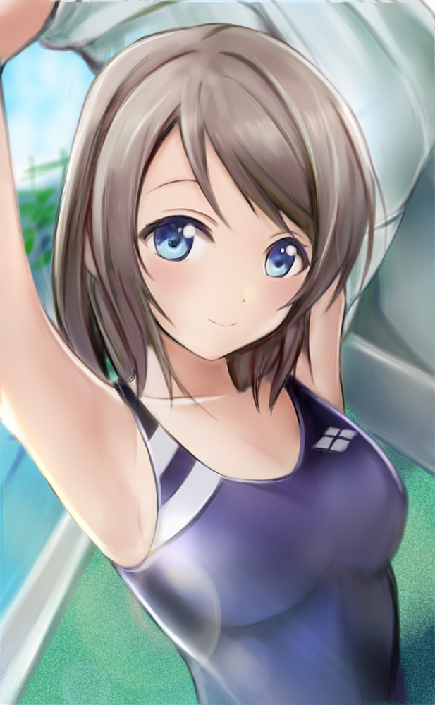 1girl blue_eyes blush breasts collarbone grey_hair looking_at_viewer love_live! love_live!_sunshine!! medium_breasts nannacy7 one-piece_swimsuit poolside short_hair smile solo swimsuit watanabe_you