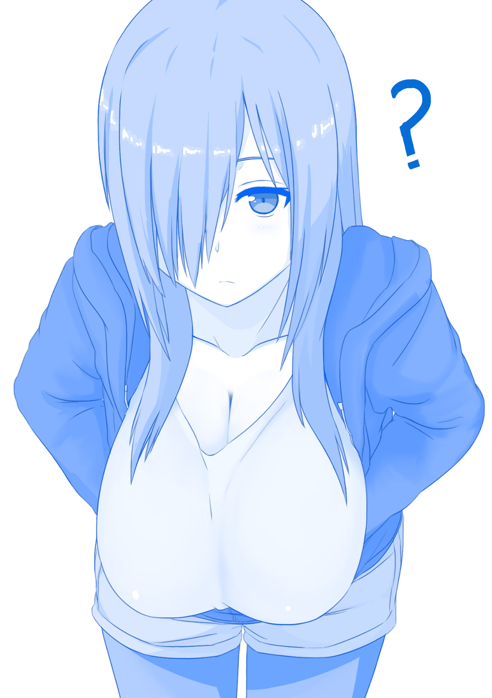 1girl ? breasts character_request cleavage copyright_request hair_over_one_eye hanging_breasts highres hood hooded_jacket huge_breasts jacket looking_at_viewer nao_(ritsancrossover) open_clothes open_jacket pantyhose pantyhose_under_shorts shorts simple_background solo white_background