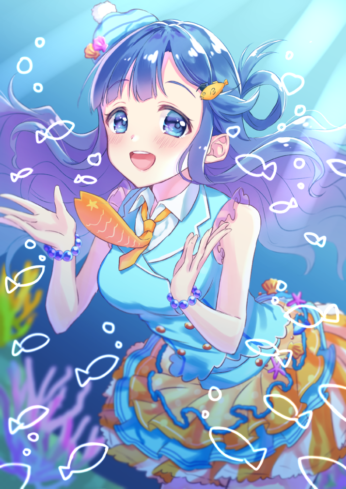 1girl :d anoa asari_nanami bangs bare_arms bare_shoulders bead_bracelet beads blue_eyes blue_hair blue_hat blue_shirt blue_skirt blurry blush bracelet breasts bubble collared_shirt commentary_request coral depth_of_field double-breasted dress_shirt eyebrows_visible_through_hair fish_hair_ornament floating_hair hair_ornament hair_rings hands_up hat idolmaster idolmaster_cinderella_girls jewelry layered_skirt light_rays long_hair looking_at_viewer medium_breasts multicolored multicolored_clothes multicolored_skirt necktie open_mouth orange_neckwear orange_skirt parted_bangs pom_pom_(clothes) shell shiny shiny_hair shirt sidelocks skirt sleeveless sleeveless_shirt smile solo starfish submerged sunlight tareme underwater upper_teeth wavy_hair white_shirt wing_collar