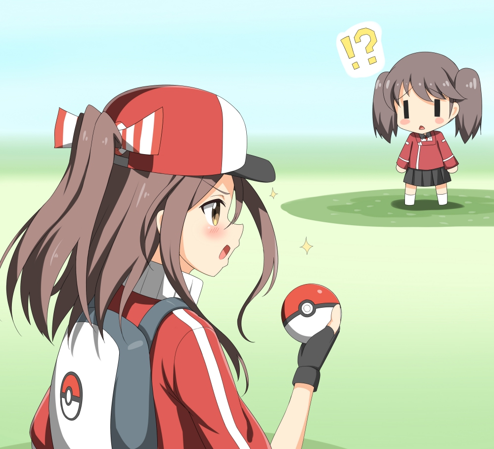 !? 2girls alternate_costume backpack bag baseball_cap black_gloves brown_eyes brown_hair fingerless_gloves gloves hat holding holding_poke_ball jacket kantai_collection multiple_girls nedia_(nedia_region) open_mouth poke_ball poke_ball_(generic) pokemon pokemon_(game) ryuujou_(kantai_collection) track_jacket twintails zuihou_(kantai_collection)