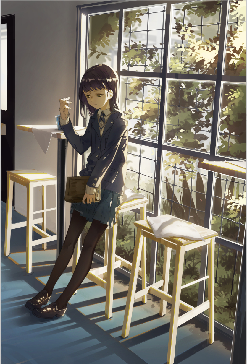 1girl azling bangs black_footwear blazer blue_skirt book cloth cup highres holding holding_book indoors jacket leaf light loafers long_sleeves looking_down original school_uniform shoes skirt solo stool table tree window wooden_stool yellow_eyes