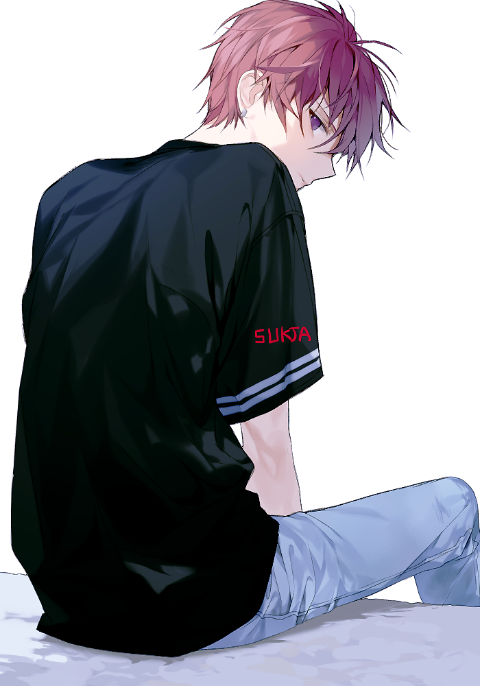 1boy americano_beans americano_exodus black_shirt casual denim earrings from_behind jeans jewelry light_frown looking_at_viewer looking_back male_focus pants redhead shirt short_sleeves sitting solo sukja t-shirt violet_eyes white_background