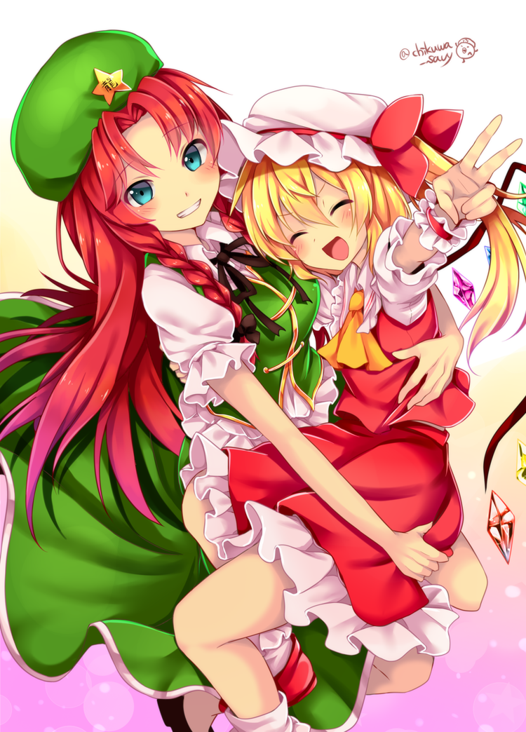 &gt;:d 2girls :d ^_^ aqua_eyes ascot beret blush bow braid carrying chikuwa_savi china_dress chinese_clothes closed_eyes cowboy_shot dress eyebrows_visible_through_hair flandre_scarlet foreshortening gradient_hair grin hair_between_eyes hair_intakes happy hat hat_bow hong_meiling looking_at_viewer mob_cap multicolored_hair multiple_girls open_mouth outstretched_arm puffy_short_sleeves puffy_sleeves redhead shoes short_sleeves side_ponytail simple_background skirt skirt_set smile star touhou twin_braids twitter_username v v-shaped_eyebrows white_background wings wrist_cuffs