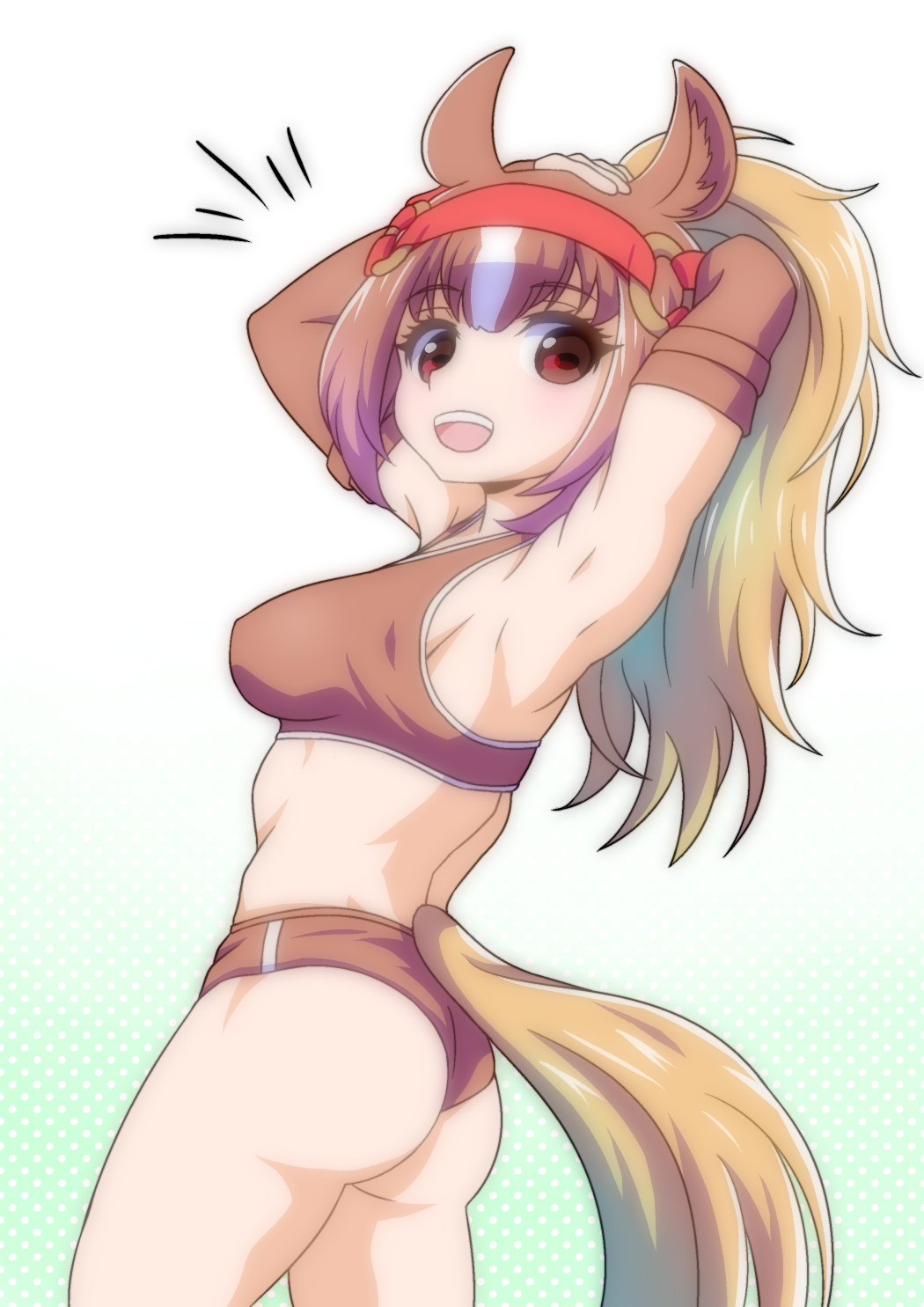 1girl animal_ears arm_behind_head armpits arms_up ass back bangs blonde_hair breasts brown_eyes brown_hair buruma chestnut_thoroughbred_(kemono_friends) cowboy_shot dotted_background elbow_gloves eyebrows_visible_through_hair gloves hand_on_own_head highres horse_ears horse_tail kemono_friends long_hair looking_at_viewer looking_back medium_breasts midriff multicolored_hair open_mouth ponytail quatre_aaaa sidelocks smile solo sports_bra sportswear standing stomach tail white_hair