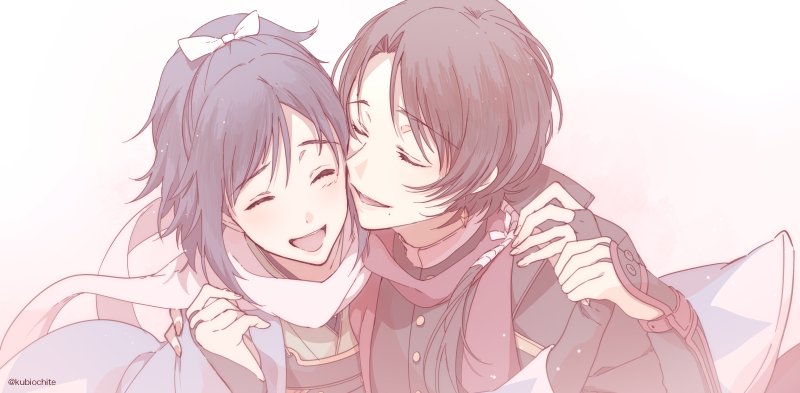 2boys :d blue_hair brown_hair couple dalc_rose hair_ribbon happy japanese_clothes kashuu_kiyomitsu male_focus mole mole_under_eye mole_under_mouth multiple_boys nail_polish open_mouth ponytail ribbon scarf smile touken_ranbu twitter_username yamato-no-kami_yasusada