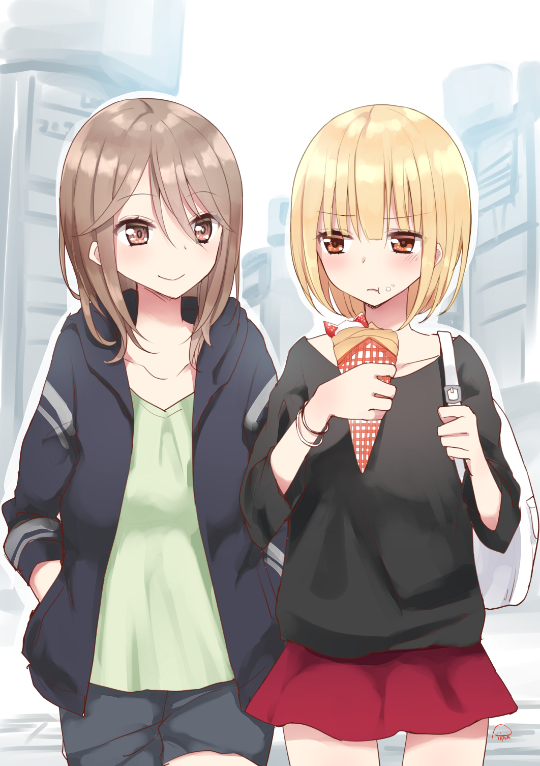 2girls bag blonde_hair bracelet brown_eyes brown_hair collarbone commentary_request crepe eyebrows_visible_through_hair food food_on_face green_shorts hand_in_pocket highres hood hood_down jewelry medium_hair multiple_girls original piripun pout red_skirt shorts skirt smile