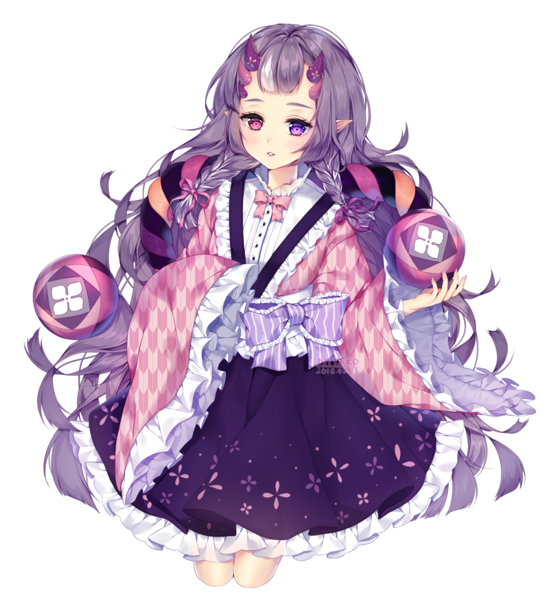 1girl bangs braid commission frills heterochromia horns long_hair long_sleeves multicolored_hair nitako0109 oni_horns original pink_eyes pointy_ears purple_hair twin_braids violet_eyes