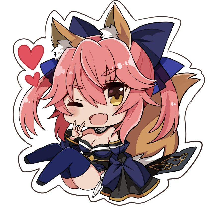 1girl animal_ears blue_legwear blue_ribbon breasts chibi cleavage detached_sleeves fang fate/extra fate/extra_ccc fate/grand_order fate_(series) fox_ears fox_shadow_puppet fox_tail hair_ribbon heart japanese_clothes large_breasts one_eye_closed open_mouth pink_hair retsuto ribbon simple_background solo tail tamamo_(fate)_(all) tamamo_no_mae_(fate) white_background yellow_eyes