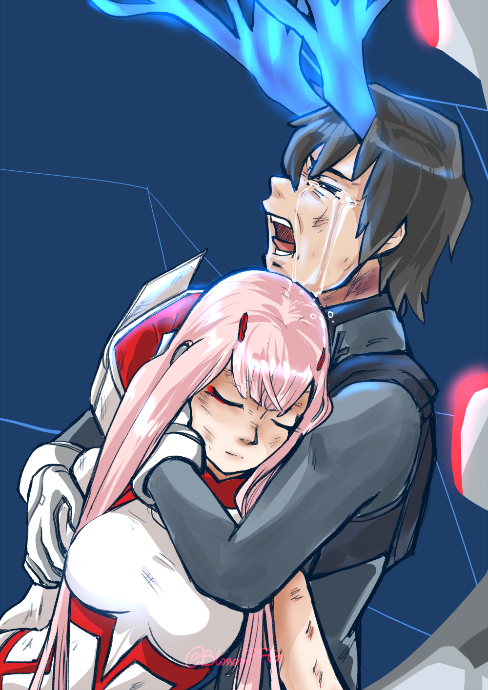 1boy 1girl bangs black_hair blossomppg blue_horns bodysuit breasts broken_horn closed_eyes commentary couple crying darling_in_the_franxx hand_on_another's_arm hand_on_another's_face hetero highres hiro_(darling_in_the_franxx) horns hug hug_from_behind long_hair medium_breasts oni_horns pink_hair red_horns short_hair signature tears torn_bodysuit torn_clothes zero_two_(darling_in_the_franxx)