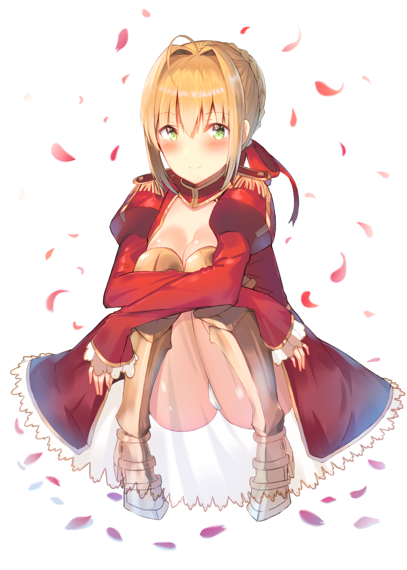 1girl blonde_hair blush breasts cleavage fate/extra fate_(series) hair_ribbon leg_hug looking_at_viewer medium_breasts miamuly nero_claudius_(fate) nero_claudius_(fate)_(all) panties petals red_ribbon ribbon see-through shiny shiny_skin short_hair sidelocks simple_background sitting smile solo underwear white_background white_panties