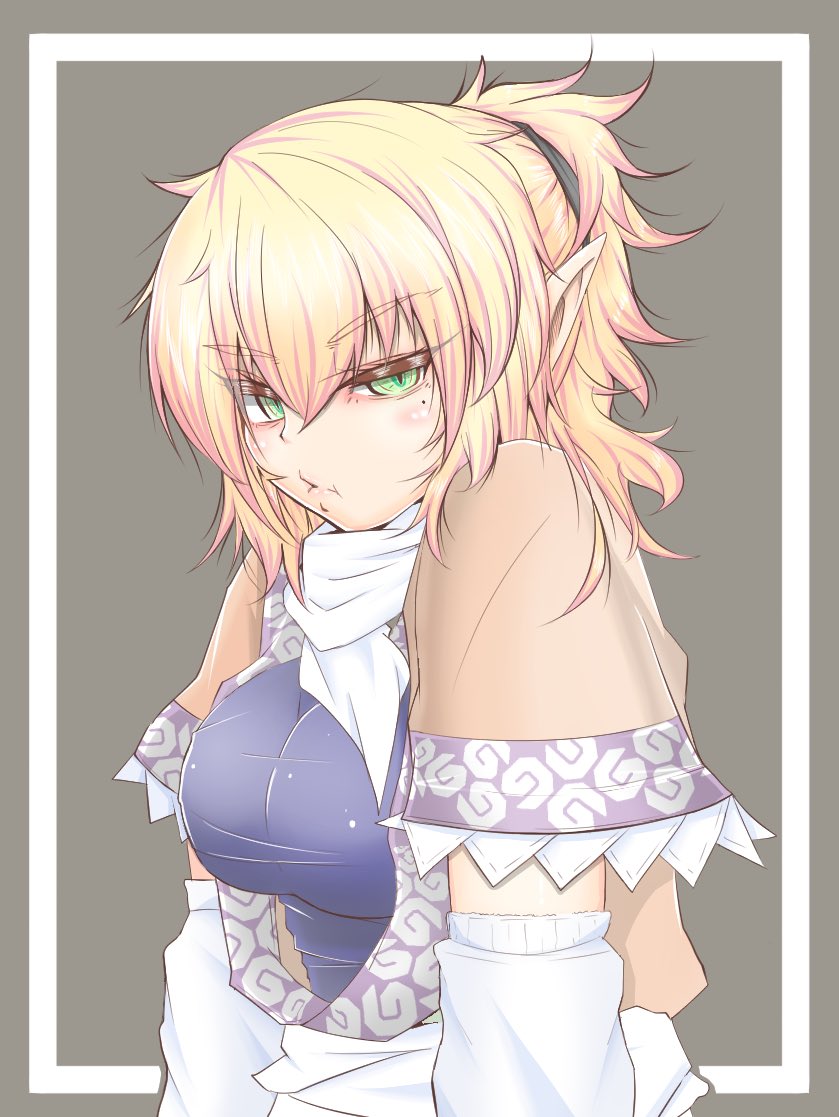 1girl :t blonde_hair blush breasts cube85 detached_sleeves eyebrows_visible_through_hair green_eyes hair_between_eyes impossible_clothes looking_at_viewer medium_breasts mizuhashi_parsee pointy_ears short_hair short_ponytail slit_pupils solo touhou upper_body