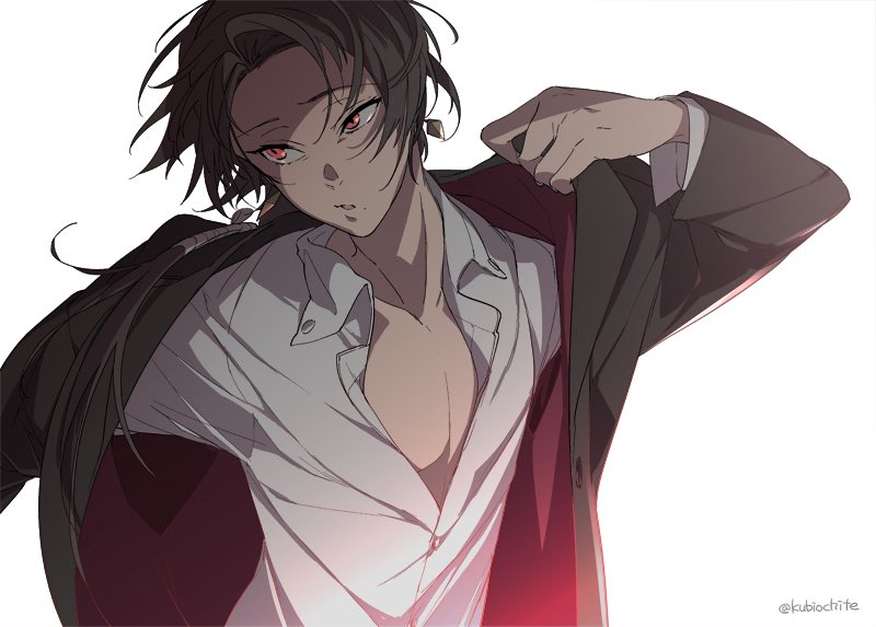 1boy brown_hair collarbone dalc_rose earrings jacket jewelry kashuu_kiyomitsu long_hair male_focus mole mole_under_mouth open_clothes open_shirt red_eyes shirt simple_background solo touken_ranbu twitter_username