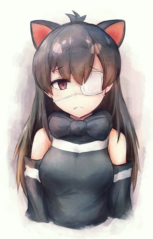 1girl 3ma_saga :c ahoge animal_ears australian_devil_(kemono_friends) bangs bare_shoulders black_bow black_hair black_neckwear black_shirt black_sleeves bow breasts closed_mouth commentary_request detached_sleeves eyebrows_visible_through_hair eyepatch furrowed_eyebrows hair_between_eyes kemono_friends light_blue_hair long_hair long_sleeves looking_at_viewer medical_eyepatch medium_breasts shirt sleeveless sleeveless_shirt solo tasmanian_devil_ears upper_body white_eyepatch