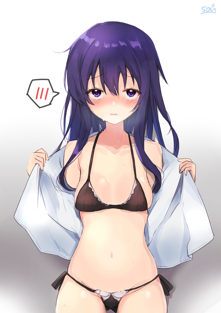 1girl akatsuki_(kancolle) artist_name bangs bare_shoulders black_bra black_panties blush bra breasts collarbone commentary_request cowboy_shot eyebrows_visible_through_hair gradient gradient_background grey_background groin hair_between_eyes hands_up heavy_breathing kantai_collection long_hair looking_at_viewer navel open_clothes open_mouth open_shirt panties parted_lips purple_hair shirt signature small_breasts solo sou_(soutennkouchi) spoken_blush sweat underwear violet_eyes wavy_mouth white_background white_shirt