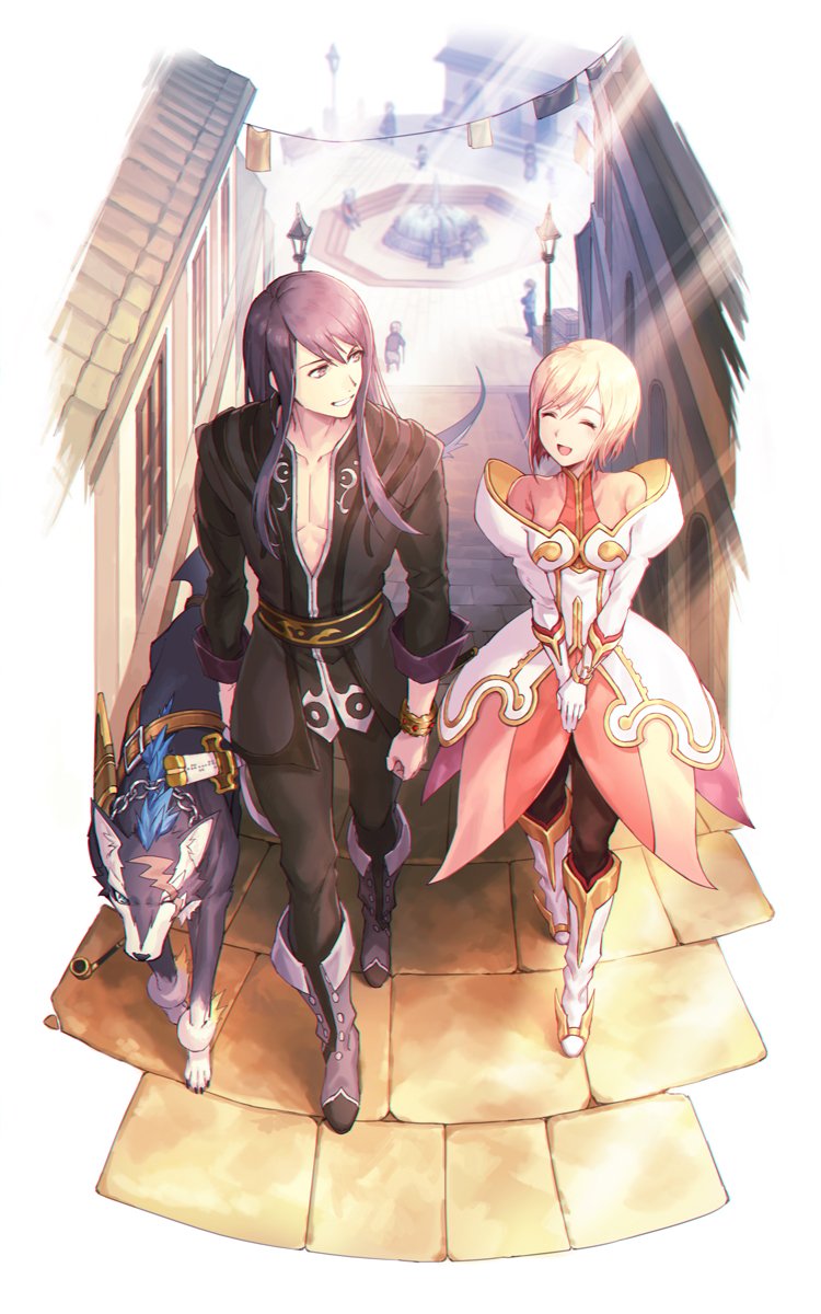 1boy 1girl animal armor black_hair boots bracelet closed_eyes couple dog estellise_sidos_heurassein full_body gloves green_eyes grey_footwear highres jewelry knee_boots long_hair pink_hair repede short_hair smile tales_of_(series) tales_of_vesperia weapon yuri_lowell zinnkousai3850