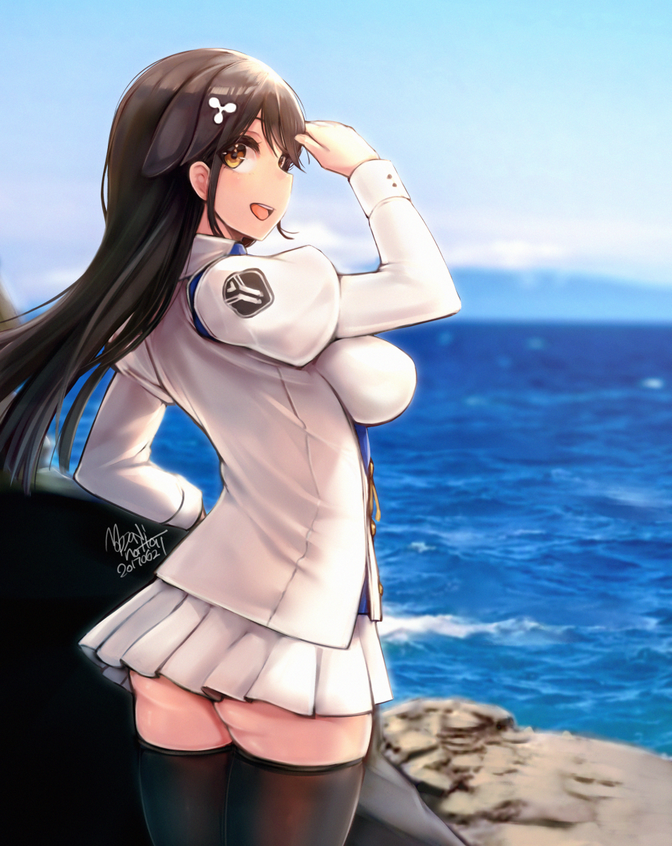 1girl ass azur_lane bangs black_hair black_legwear blue_sky blurry blurry_background blush bow breasts choukai_(azur_lane) clouds dated day eyebrows_visible_through_hair from_side hair_between_eyes hair_ornament hand_up highres large_breasts long_hair long_sleeves looking_at_viewer mappaninatta ocean open_mouth outdoors shirt sidelocks signature skirt sky smile solo thigh-highs thighs waves white_shirt