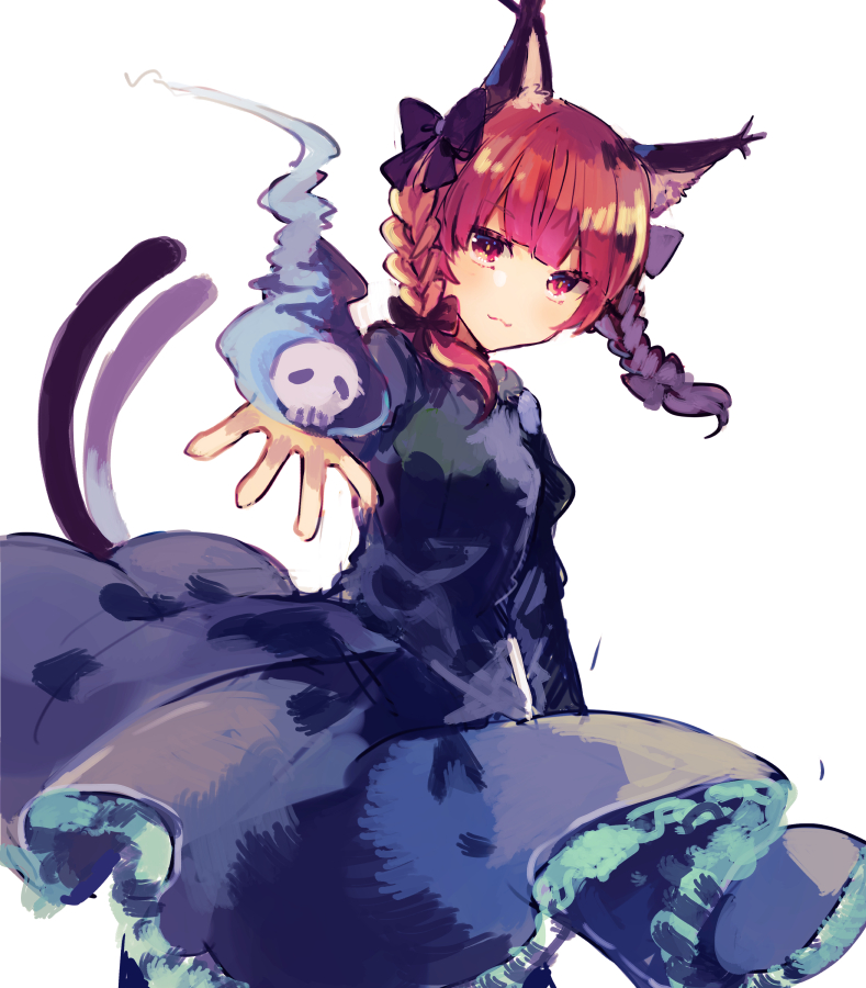 1girl :3 black_dress bow cat_tail closed_mouth dress dress_lift hair_bow ikeuchi_tanuma kaenbyou_rin looking_at_viewer magic multiple_tails nekomata official_art red_eyes redhead simple_background skull smile solo standing tail touhou two_tails white_background