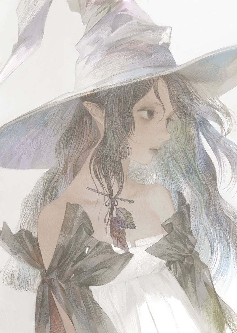 1girl bangs bare_shoulders black_eyes black_hair closed_mouth dress grey_background hair_between_eyes hat leaf long_hair matayoshi muted_color original pointy_ears simple_background solo upper_body white_dress white_hat witch witch_hat