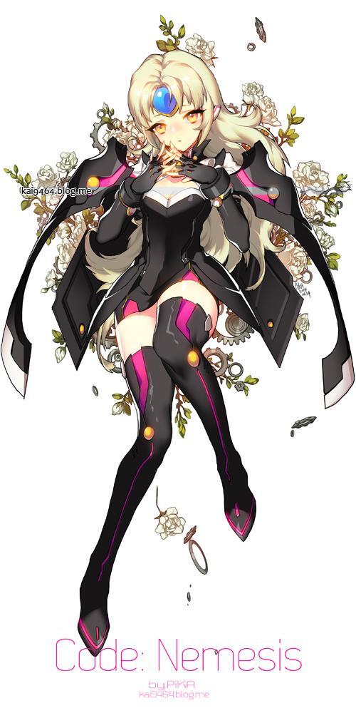 1girl black_legwear breasts cleavage code:_nemesis_(elsword) elsword eve_(elsword) fingerless_gloves flower full_body gloves long_hair mechanical_wings pika_(kai9464) skirt solo tagme white_hair wings yellow_eyes